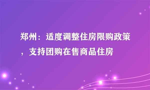 郑州：适度调整住房限购政策，支持团购在售商品住房