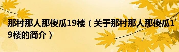 那村那人那傻瓜19楼（关于那村那人那傻瓜19楼的简介）