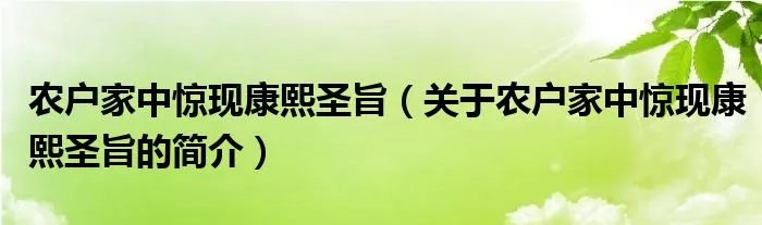 农户家中惊现康熙圣旨（关于农户家中惊现康熙圣旨的简介）