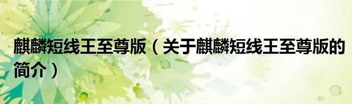 麒麟短线王至尊版（关于麒麟短线王至尊版的简介）